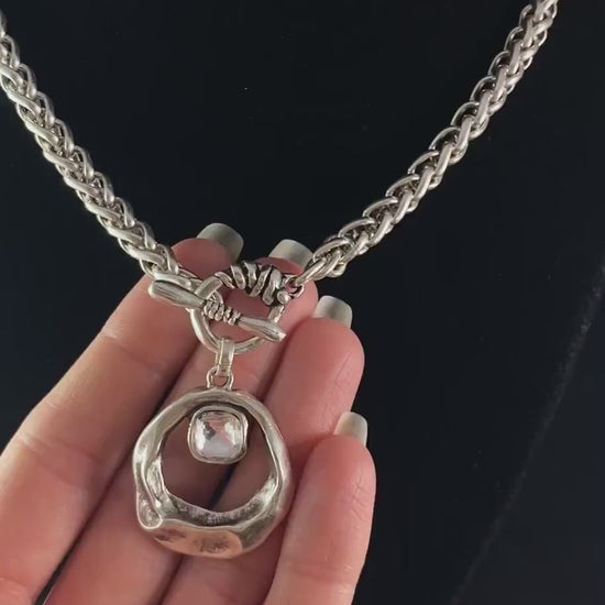 Silver Rope Chain Necklace with Round Crystal Pendant and Toggle Closure, Handmade, Nickel Free