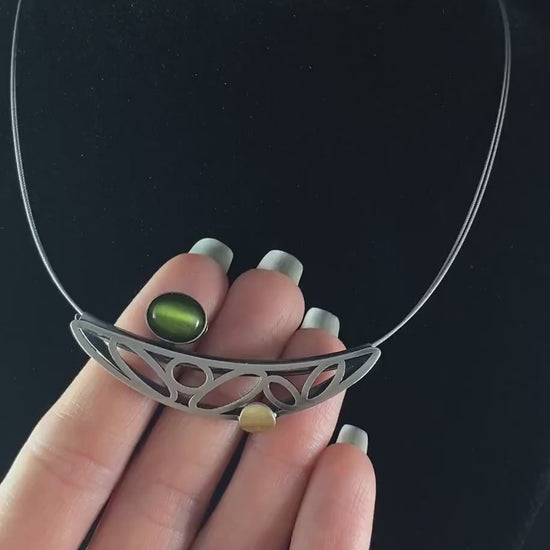 Lightweight Handmade Geometric Aluminum Necklace, Green Oval Bar