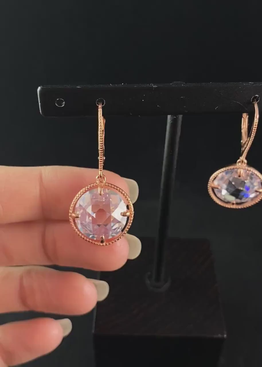 Elegant Rose Gold Earrings with Round Clear Crystals - Genevive