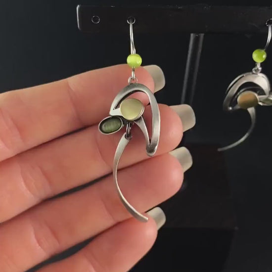 Lightweight Handmade Geometric Aluminum Earrings, Green and Silver Swoop