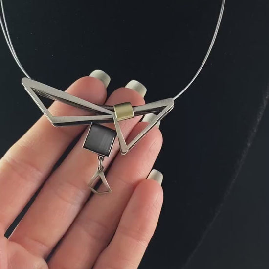 Lightweight Handmade Geometric Aluminum Necklace, Silver and Purple Double Triangle