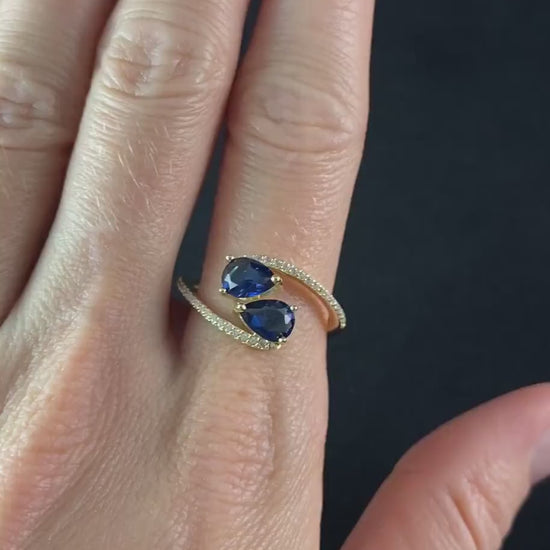 Elegant Gold Ring with Two Sapphire Blue Crystals - Size 8, Genevive