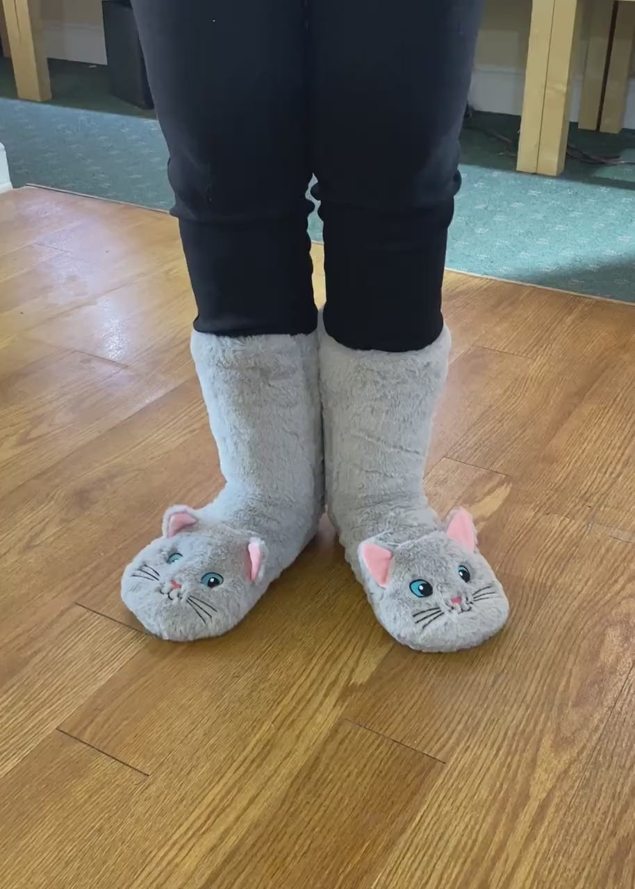 Fuzzy, Cozy, Warm Gray Cat/Kitty Slippers - Plush Slipper Socks (Adult)