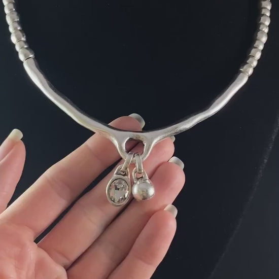 Silver Beaded Necklace with Large Wishbone Crystal Pendant, Handmade, Nickel Free