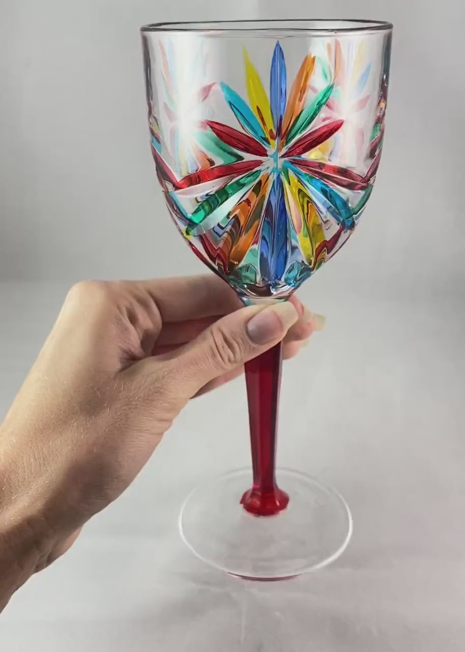 Red Stem Venetian Glass Oasis Wine Glass - Handmade in Italy, Colorful Murano Glass