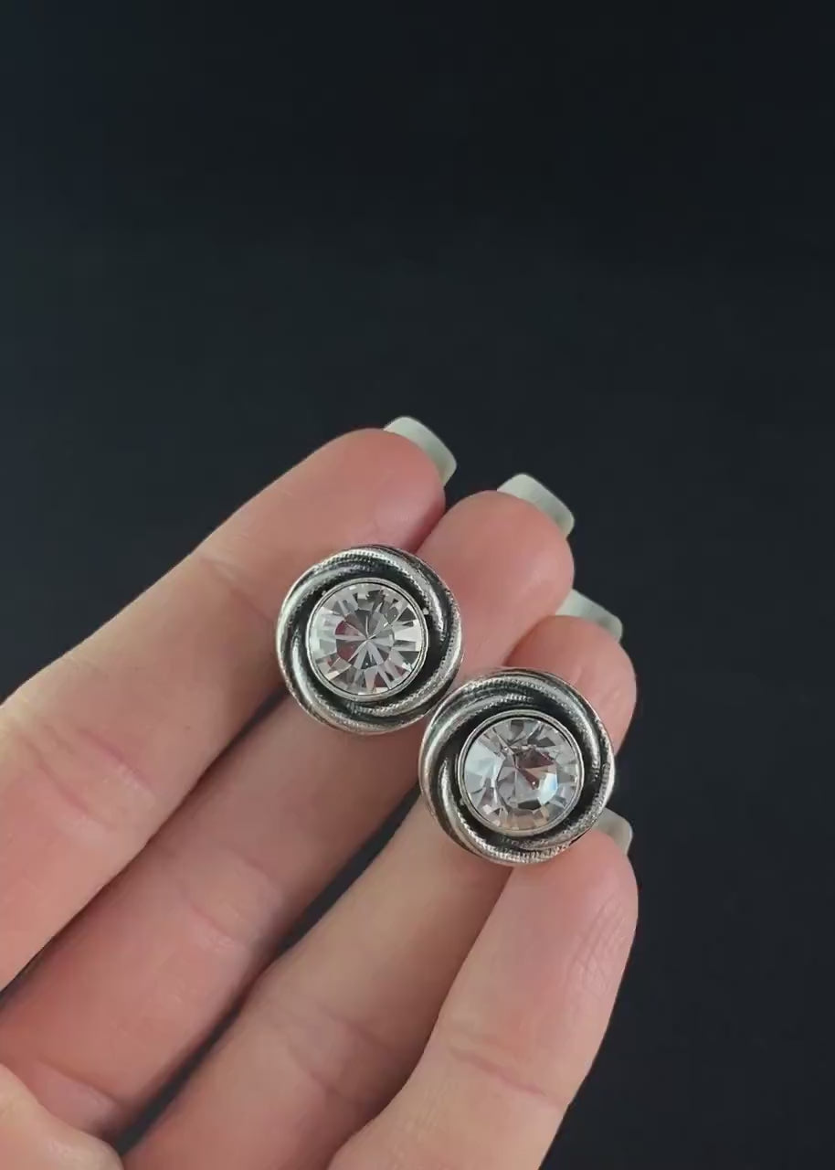 Large Silver Stud Earrings with Clear Crystal, Handmade, Nickel Free