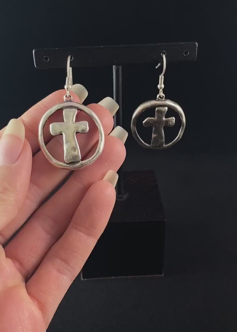 Silver Circle Cross Drop Earrings, Handmade, Nickel Free - Elegant Minimalist Jewelry for Women