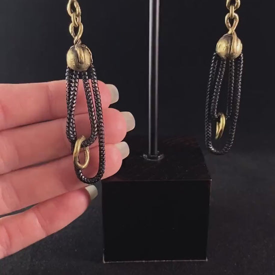 Black Chain and Gold Detail Drop Earrings, Handmade, Nickel Free - Elegant Minimalist Jewelry for Women