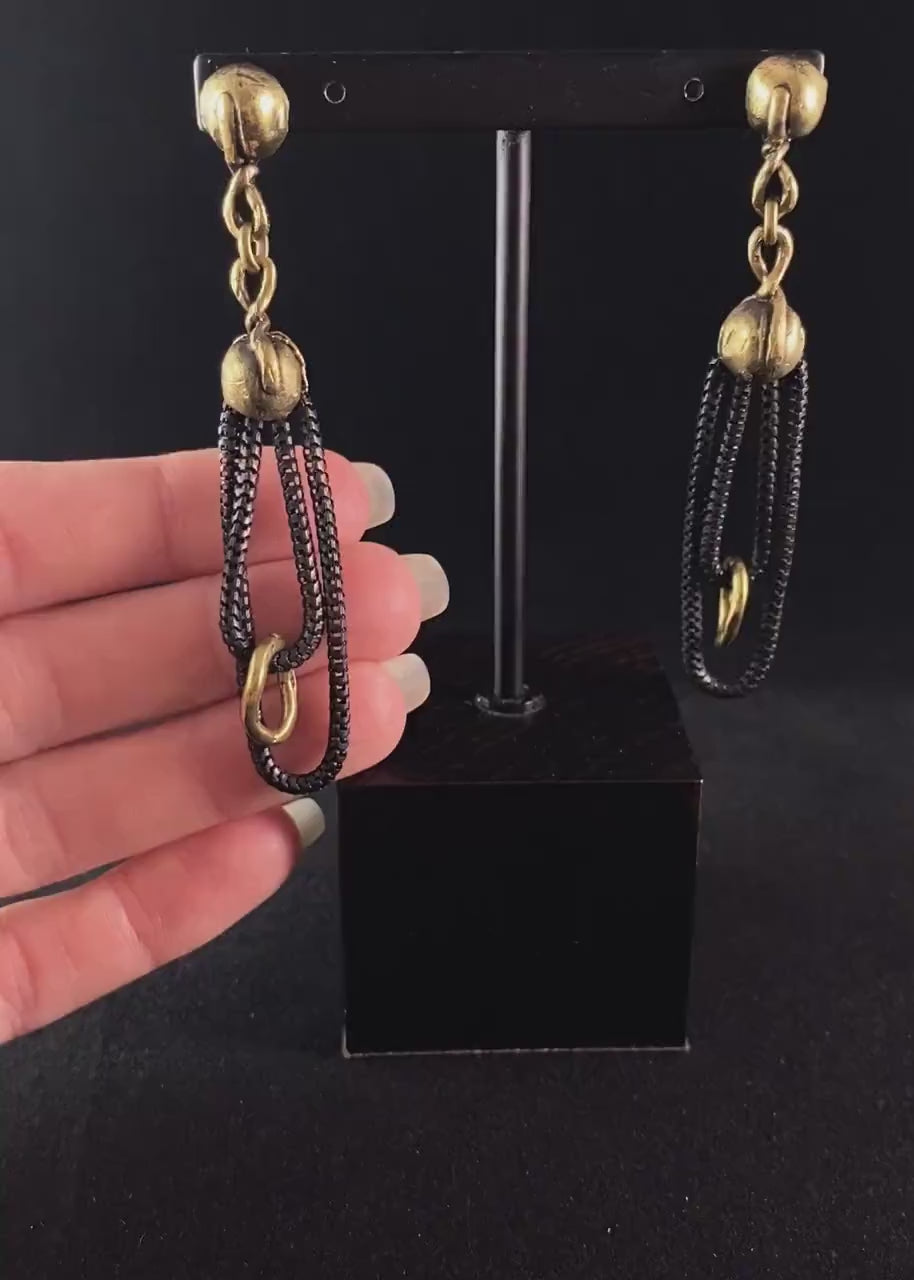 Black Chain and Gold Detail Drop Earrings, Handmade, Nickel Free - Elegant Minimalist Jewelry for Women