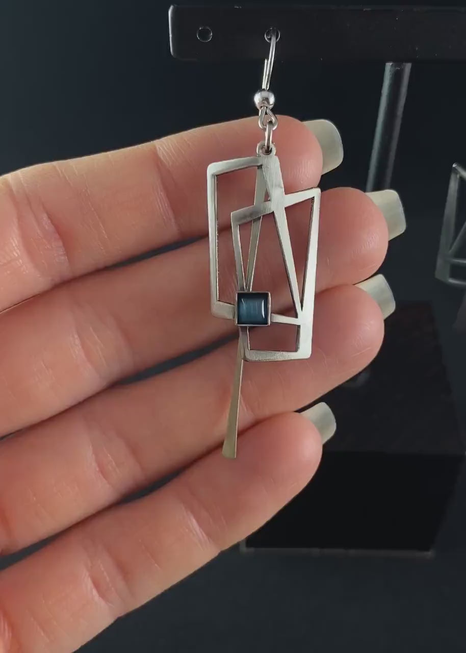Lightweight Handmade Geometric Aluminum Earrings, Blue and Silver Windows