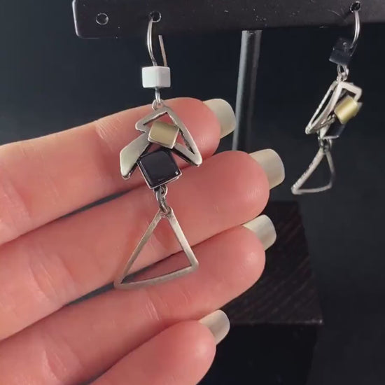 Lightweight Handmade Geometric Aluminum Earrings, Silver and Purple Double Triangles