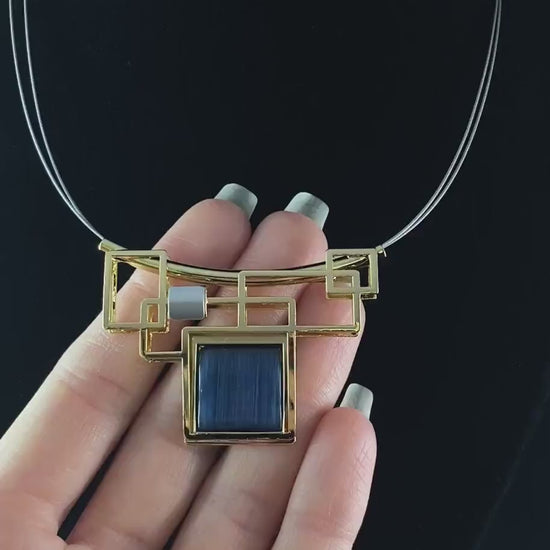Lightweight Handmade Geometric Aluminum Necklace, Gold and Blue Squares