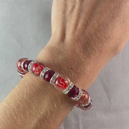 Red Beaded Venetian Glass Bracelet, Silver - Handmade in Italy, Colorful Murano Glass