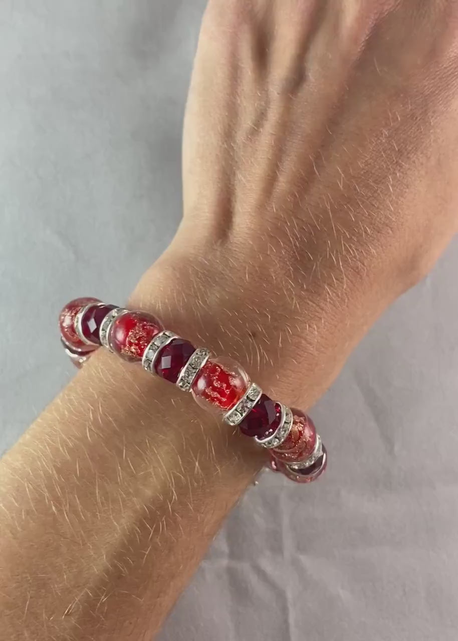 Red Beaded Venetian Glass Bracelet, Silver - Handmade in Italy, Colorful Murano Glass