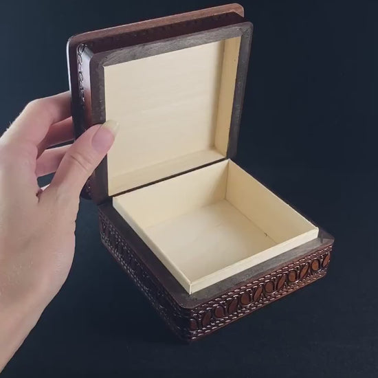Lace Patterned Square Jewelry Box, Handmade Hinged Wooden Treasure Box