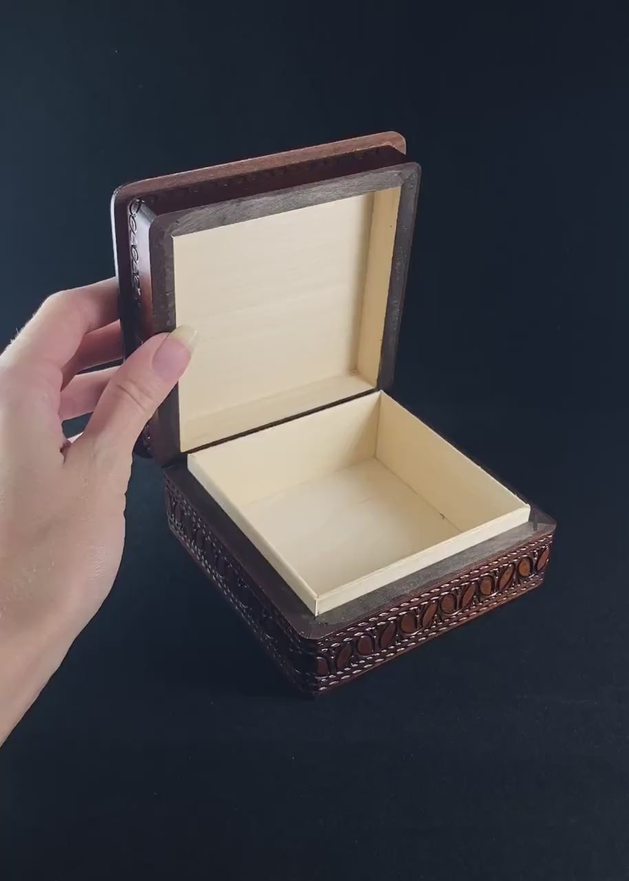 Lace Patterned Square Jewelry Box, Handmade Hinged Wooden Treasure Box