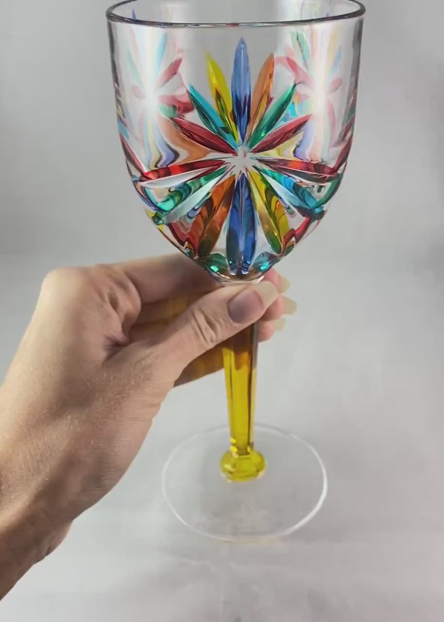 Yellow Stem Venetian Glass Oasis Wine Glass - Handmade in Italy, Colorful Murano Glass