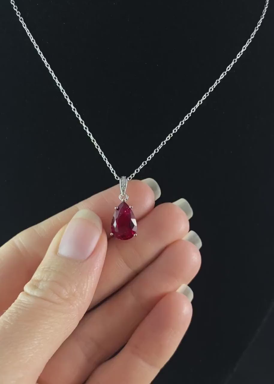 Elegant Silver Necklace with Ruby Red Teardrop Crystal - Genevive