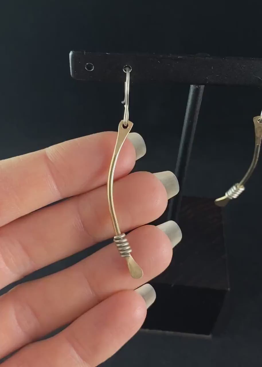 Gold Curved Bar Earrings with Silver Coils, Handmade - Recycled Materials