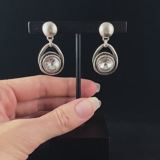 Silver Teardrop Earrings with Clear Crystal, Handmade, Nickel Free