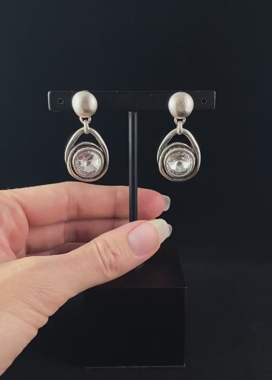 Silver Teardrop Earrings with Clear Crystal, Handmade, Nickel Free