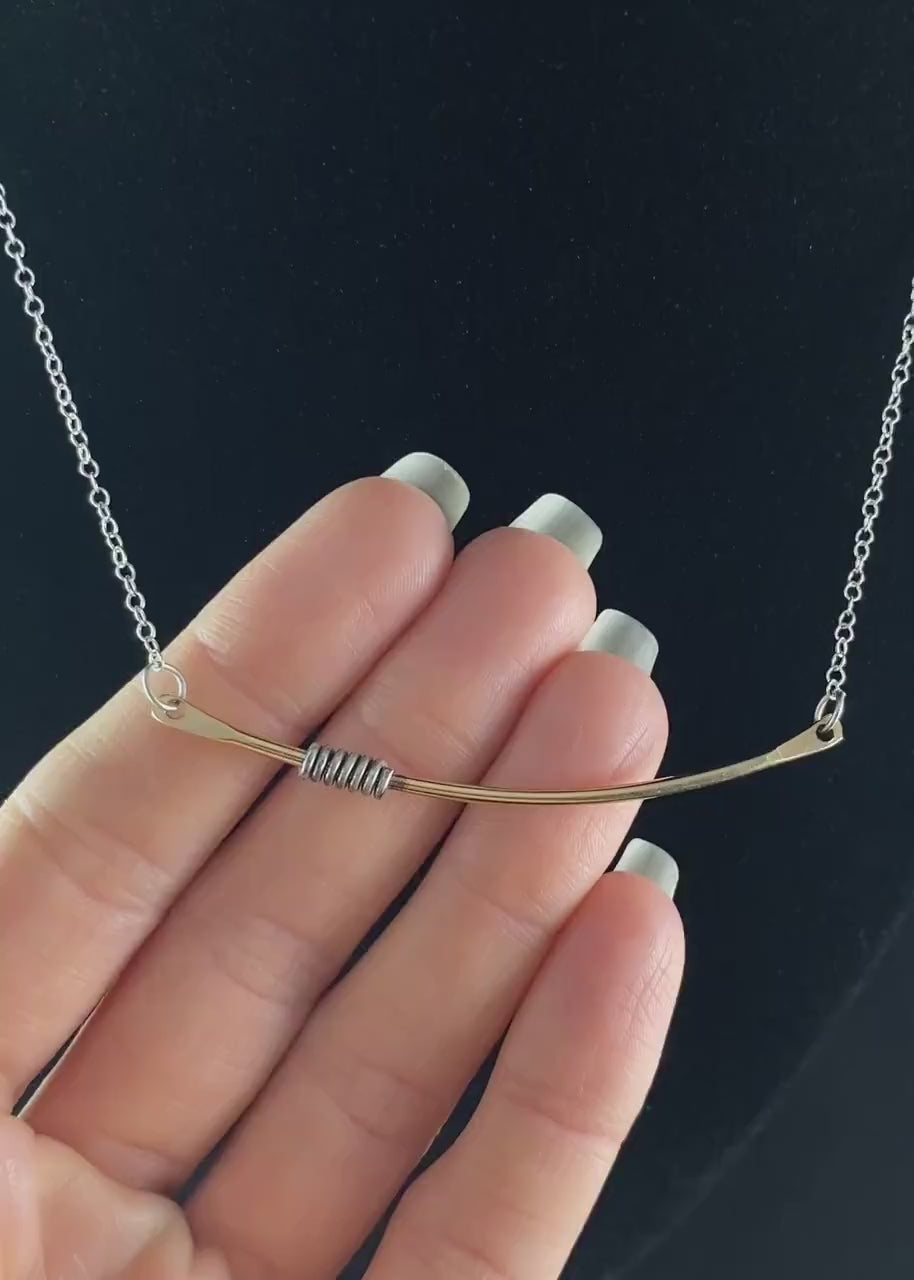 Gold Curved Bar Necklace with Silver Coils, Handmade - Recycled Materials
