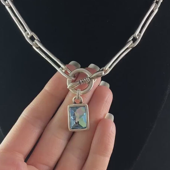 Silver Chunky Chain Link Necklace with Toggle Closure and Crystal Pendant, Handmade, Nickel Free