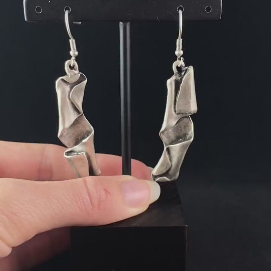 Silver Abstract Folded Drop Earrings, Handmade, Nickel Free - Elegant Minimalist Jewelry for Women