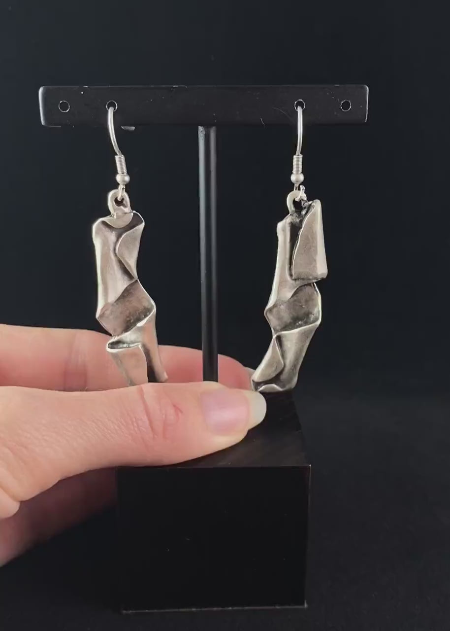 Silver Abstract Folded Drop Earrings, Handmade, Nickel Free - Elegant Minimalist Jewelry for Women