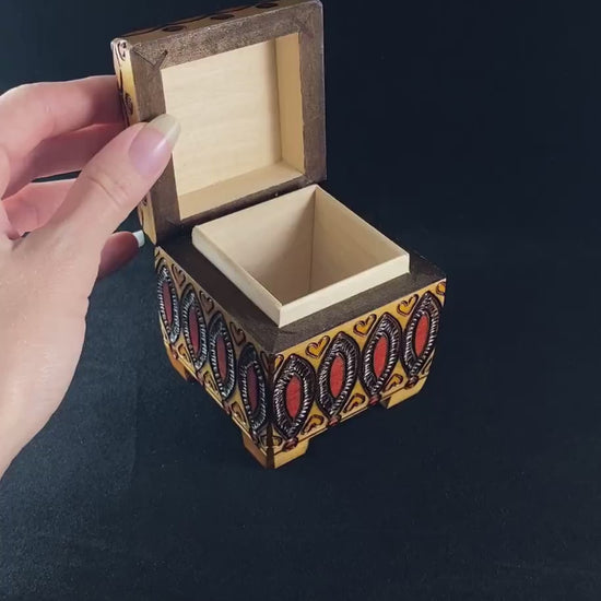Hearts and Petals Jewelry Box with Footed Base, Handmade Hinged Wooden Treasure Box