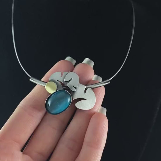 Lightweight Handmade Geometric Aluminum Necklace, Blue Leaves
