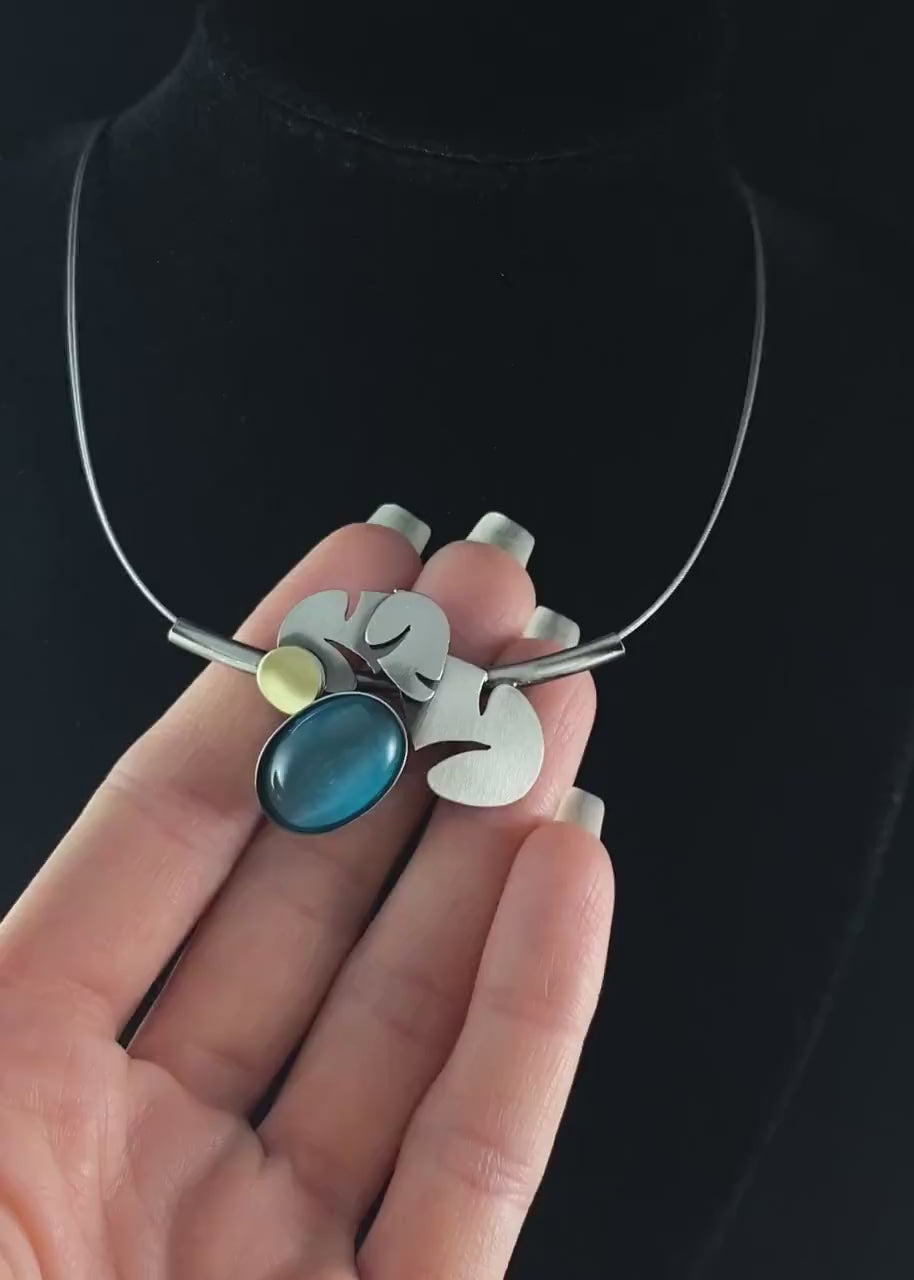 Lightweight Handmade Geometric Aluminum Necklace, Blue Leaves