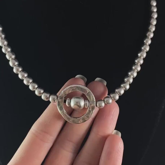 Silver Beaded Necklace with Circle Pendant, Handmade, Nickel Free