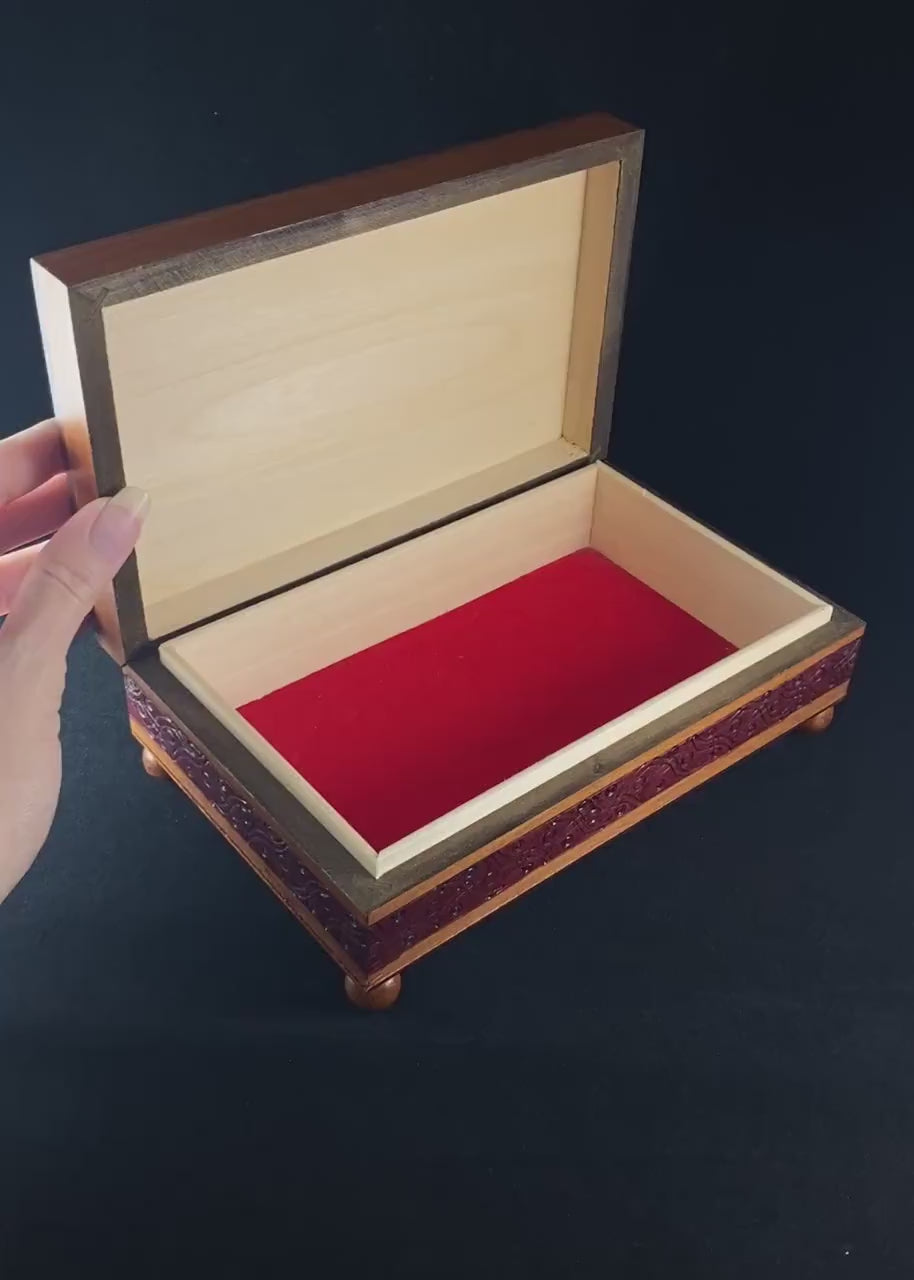 Intricate Jewelry Box with Footed Base, Handmade Hinged Wooden Treasure Box